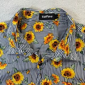 VatPave Men Large Slim Sunflower Stripe Short Sleeve Button Up Shirt 100% Cotton